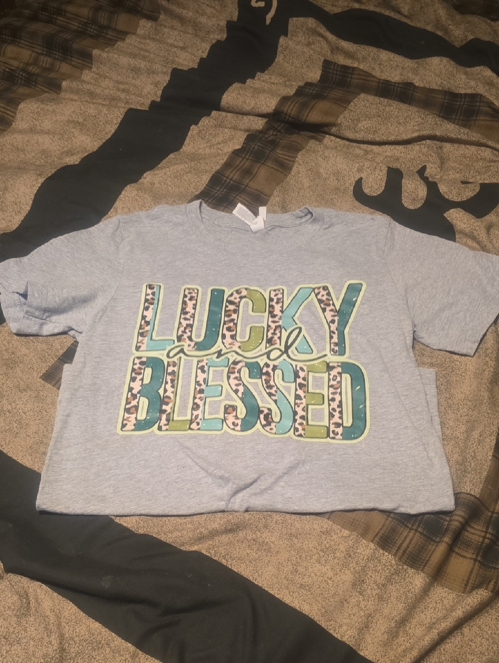 Lucky & Blessed Light Gray Graphic Tee Brand New Small